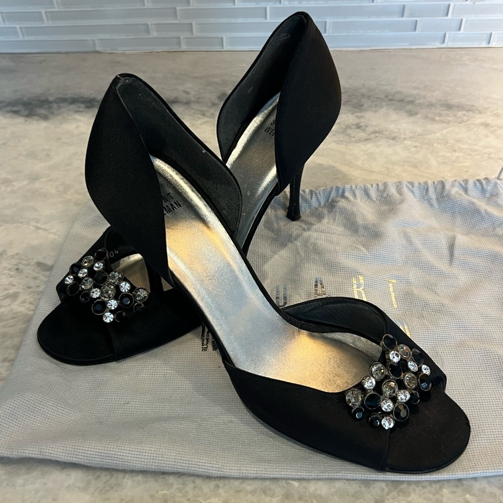 Stuart Weitzman Elegant Black Satin Heels with Crystal Embellishments